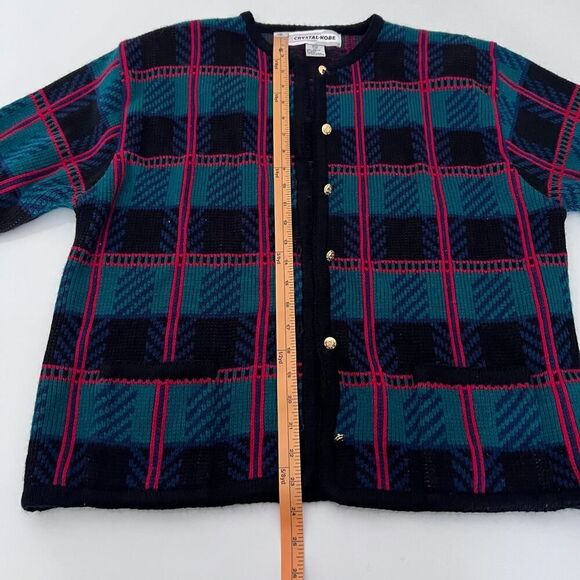 VNTG Crystal-Kobe Black/Green/Blue/Red Plaid, Gold Button, Cardigan- XL - Picture 6 of 7